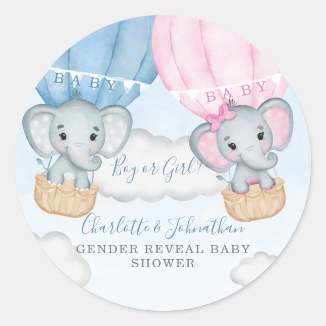 Gender Reveal Elephant Balloon Baby Shower Classic Round Sticker (Front)