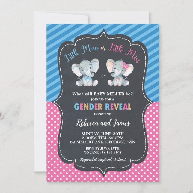 Gender Reveal Elephant Little Man or Little Miss Invitation (Front)