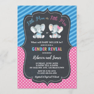 Gender Reveal Elephant Little Man or Little Miss Invitation