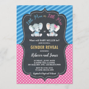 Gender Reveal Elephant Little Man or Little Miss Invitation