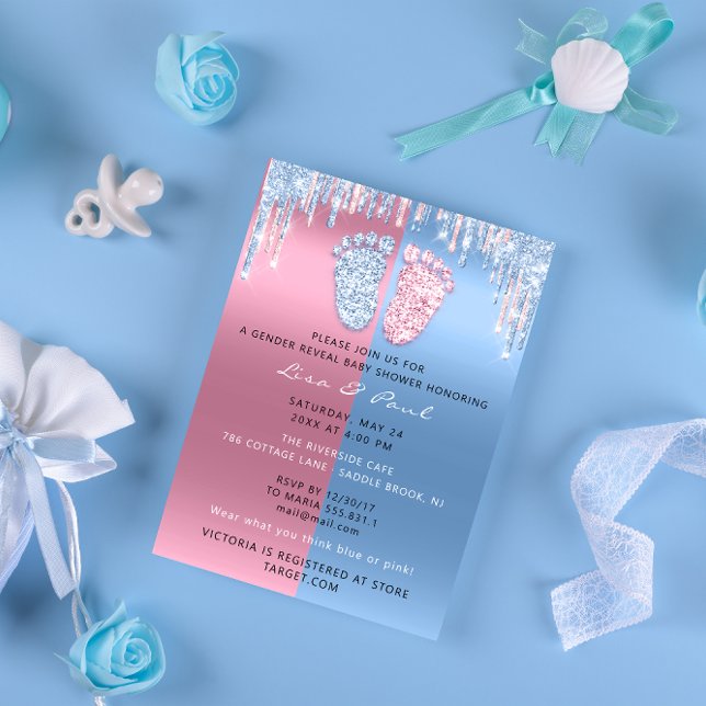 Gender Reveal Glitter DripPink Blue Baby Boy Girl Invitation (Creator Uploaded)