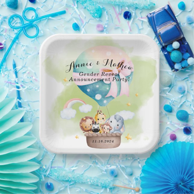Gender Reveal in Sage Baby Animals Safari  Paper Plate (Party)