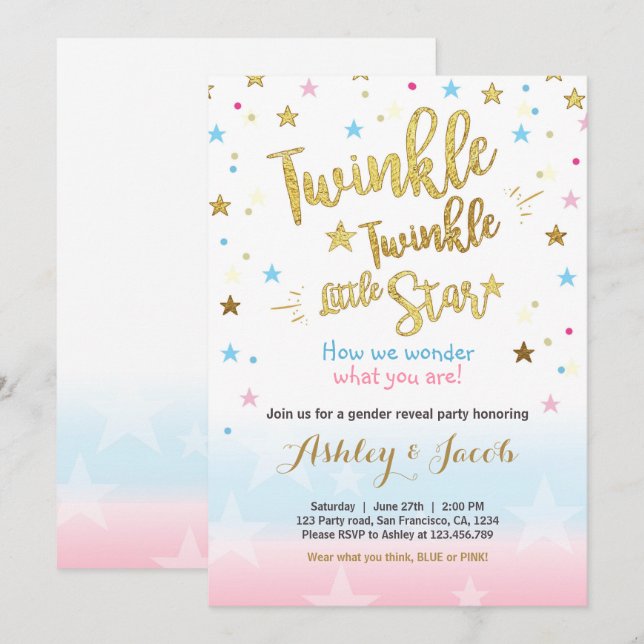 Gender reveal invitation Baby shower Moon Stars  (Front/Back)