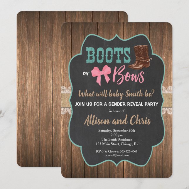 Gender reveal invitation boots and bows (Front/Back)