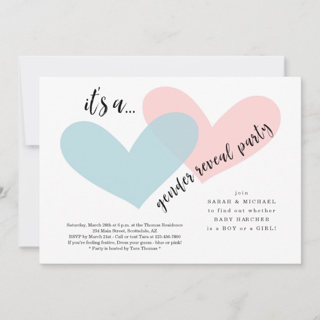Gender Reveal Invitation | Pink & Blue Hearts (Front)