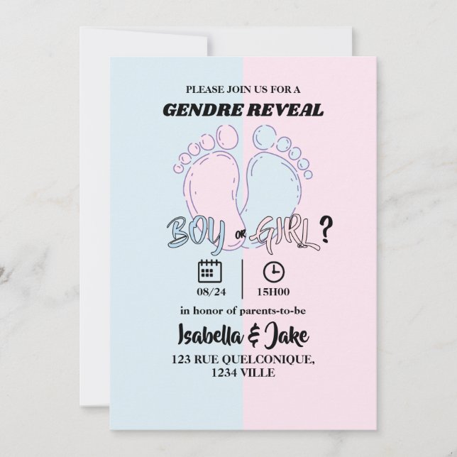 Gender Reveal Invitation Split Blue Pink Feet (Front)