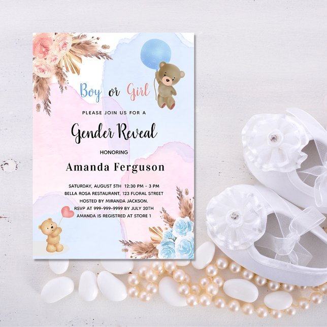 Gender reveal pampas grass teddy bear pink blue invitation (Creator Uploaded)
