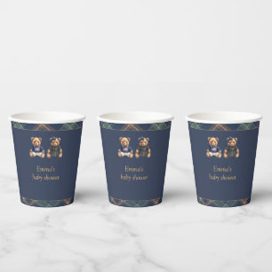 Gender Reveal Paper Cups Navy Plaid Teddy Bear