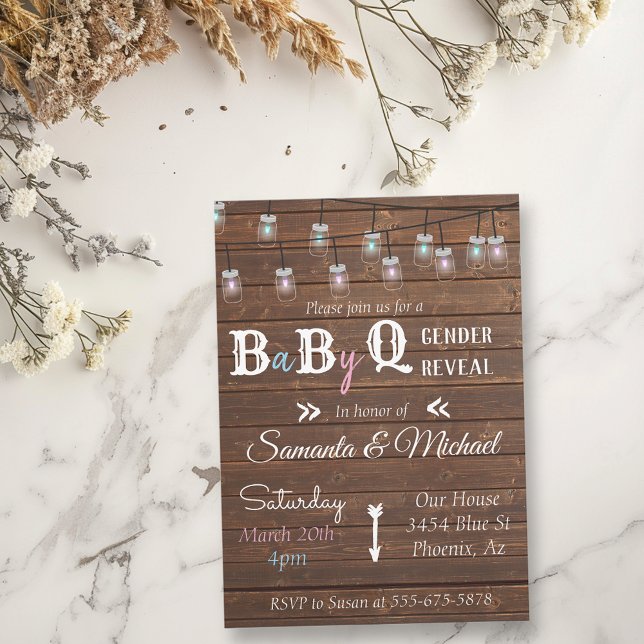 Gender Reveal Party BBQ Rustic Wood Invitation (Creator Uploaded)