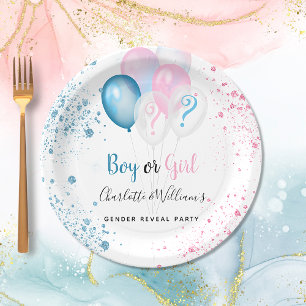 Gender reveal party boy girl blue pink glitter paper plate