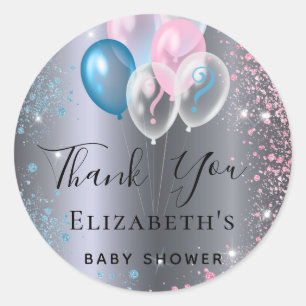 Gender reveal party boy girl blue pink silver classic round sticker