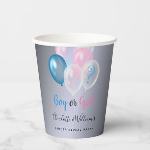 Gender reveal party boy girl blue pink silver paper cups