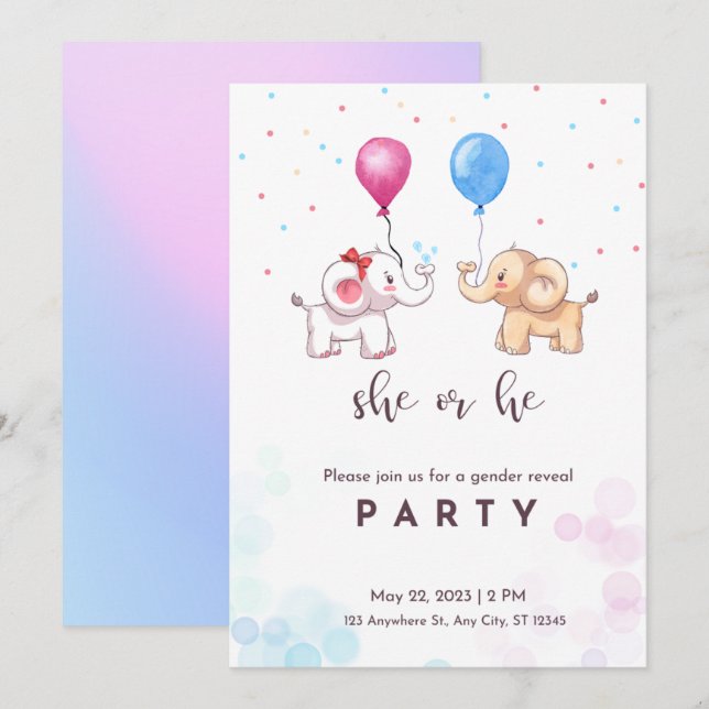 gender reveal party,boy or girl, elephant invitation (Front/Back)
