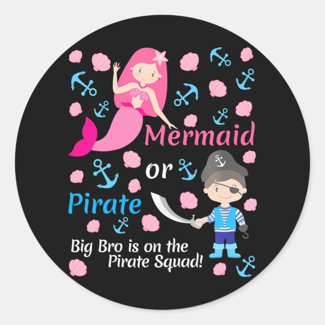 Gender Reveal Party Mermaid or Pirate Big Brother Classic Round Sticker (Front)
