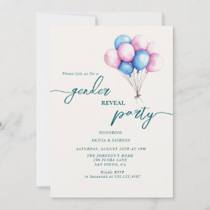 gender reveal party pin and blue balloons invitation