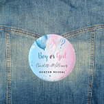 Gender reveal party pink blue boy girl balloons 2 inch round button<br><div class="desc">For a gender reveal baby shower,  A blue and pink gradient background. Decorated with glitter and blue,  pink and white balloons. With the text: Boy or Girl. Personalize and add the name of the parents.</div>