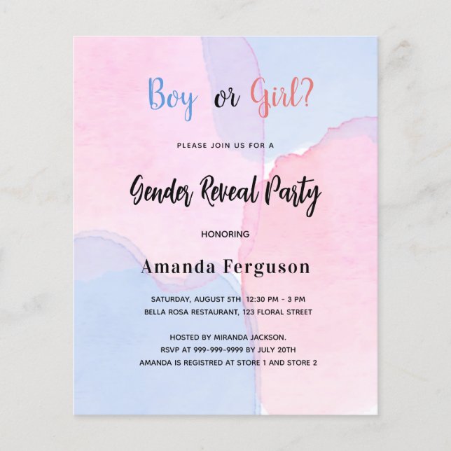 Gender reveal party pink blue budget invitation flyer (Front)