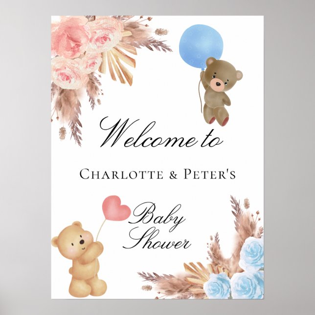 Gender reveal party teddy bear pampas grass couple poster (Front)