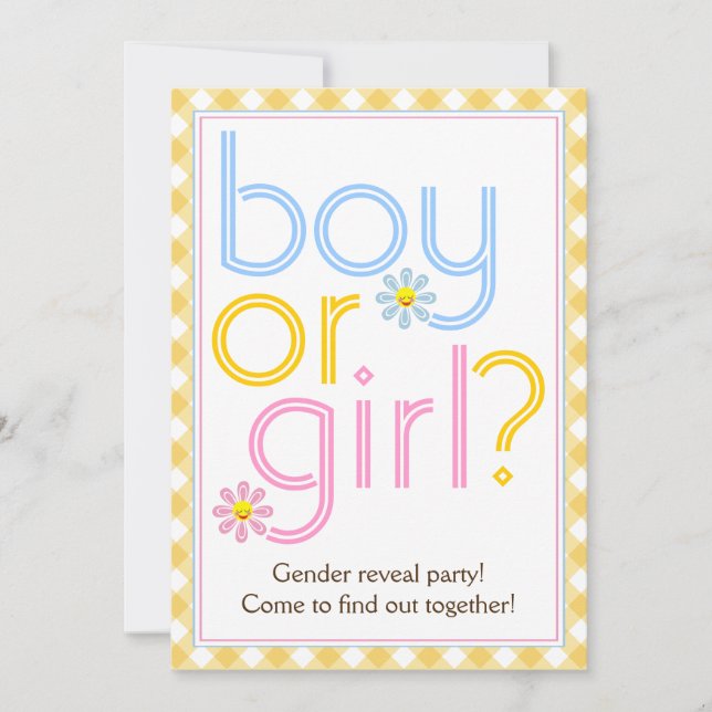 Gender reveal party text design with daisy flowers invitation (Front)