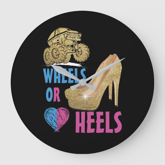 Gender Reveal Party Wheels or Heels , Truck, We Lo Large Clock (Front)
