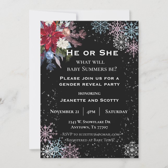Gender Reveal Party Winter Snowflake Poinsettia Invitation (Front)
