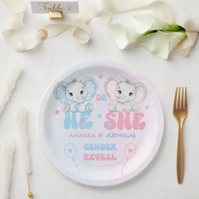 Gender Reveal Pink and Blue Elephant Paper Plate (Wedding)