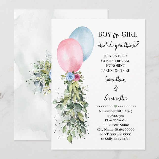 Gender Reveal Pink blue Balloons Eucalyptus Invitation (Front/Back)
