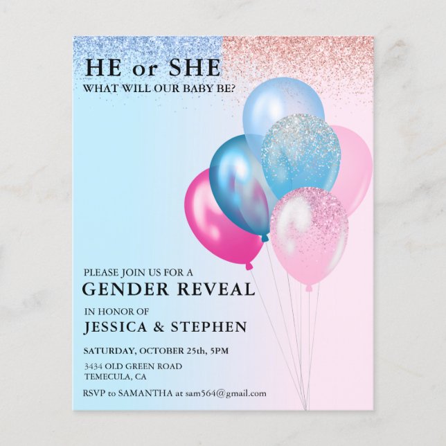 Gender Reveal Pink Blue Balloons Glitter  Budget (Front)