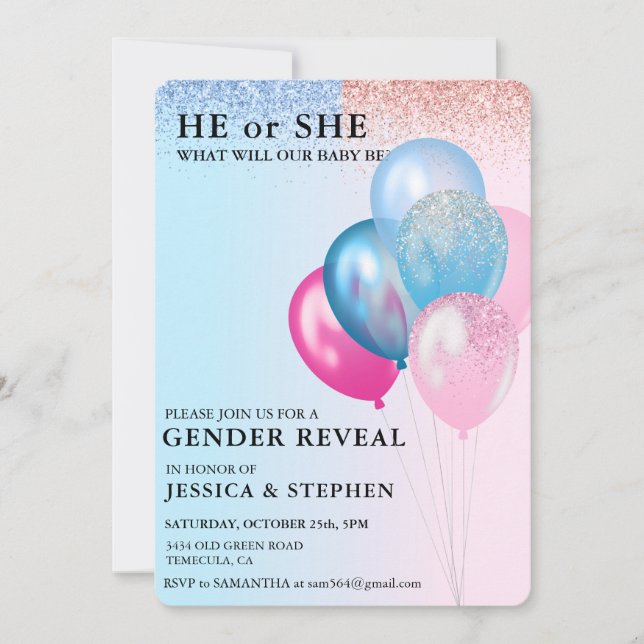 Gender Reveal Pink Blue Balloons Glitter  Invitation (Front)