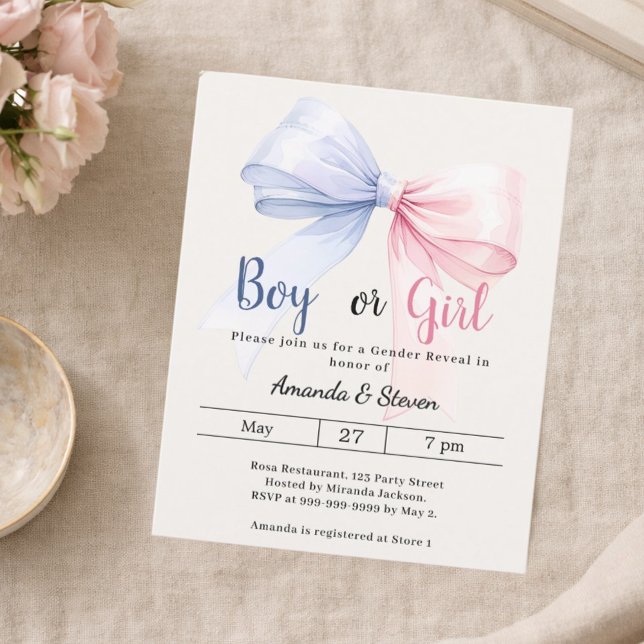 Gender reveal pink blue bow ivory invitation (Creator Uploaded)
