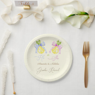 Gender Reveal Pink Blue Bow Lemon Paper Plate