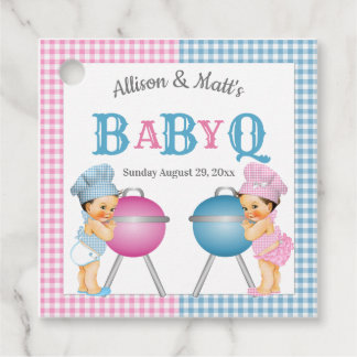 Gender Reveal Pink Blue Gingham Baby Q BBQ Favour Tags