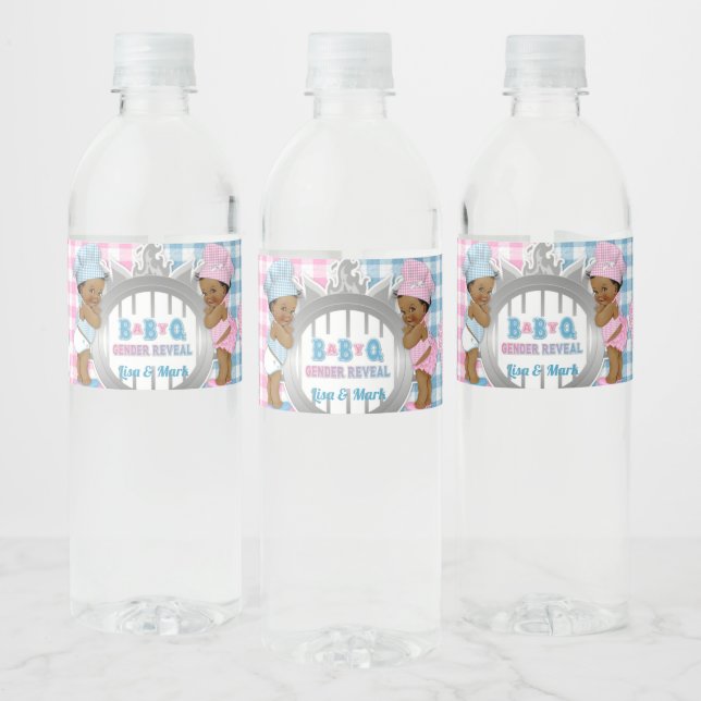 Gender Reveal Pink Blue Gingham Baby Q BBQ Water Bottle Label (Bottles)