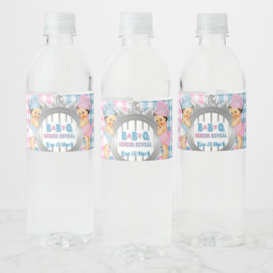 Gender Reveal Pink Blue Gingham Baby Q BBQ Water Bottle Label