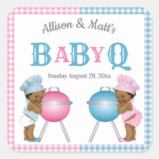 Gender Reveal Pink Blue Gingham BabyQ BBQ Square Sticker