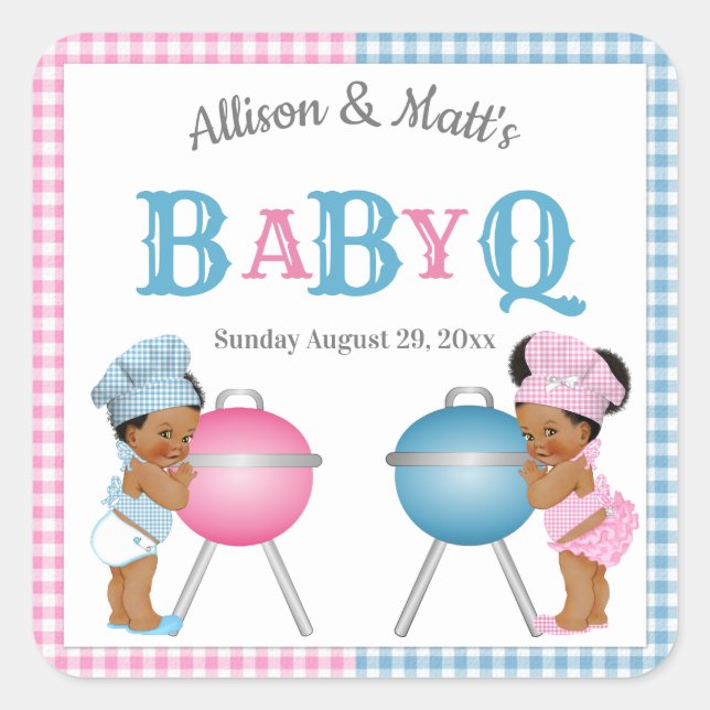 Gender Reveal Pink Blue Gingham BabyQ BBQ Square Sticker (Front)