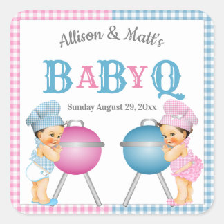 Gender Reveal Pink Blue Gingham BabyQ BBQ Square Sticker