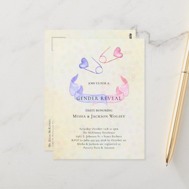 Gender Reveal Pink Blue Pin Baby Shower Invitation Postcard (Front/Back In Situ)