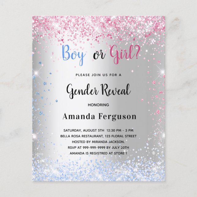 Gender reveal pink blue silve glitter budget flyer (Front)