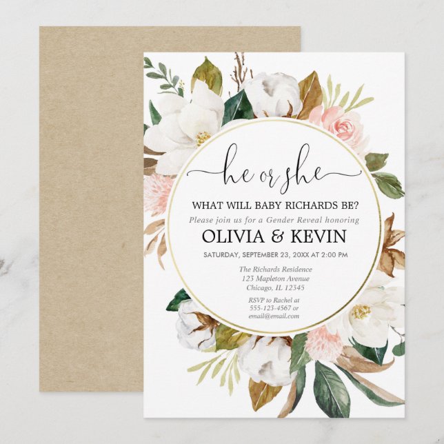 Gender reveal pink white floral rustic watercolors invitation (Front/Back)