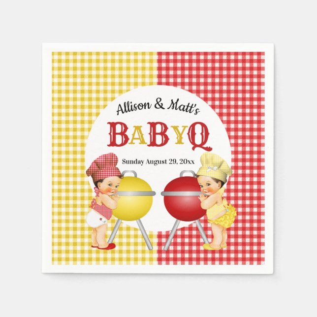 Gender Reveal Red Yellow Gingham Baby Q BBQ Napkin (Front)