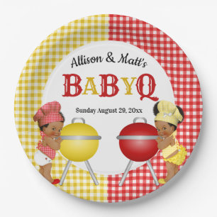 Gender Reveal Red Yellow Gingham Baby Q BBQ Paper Plate