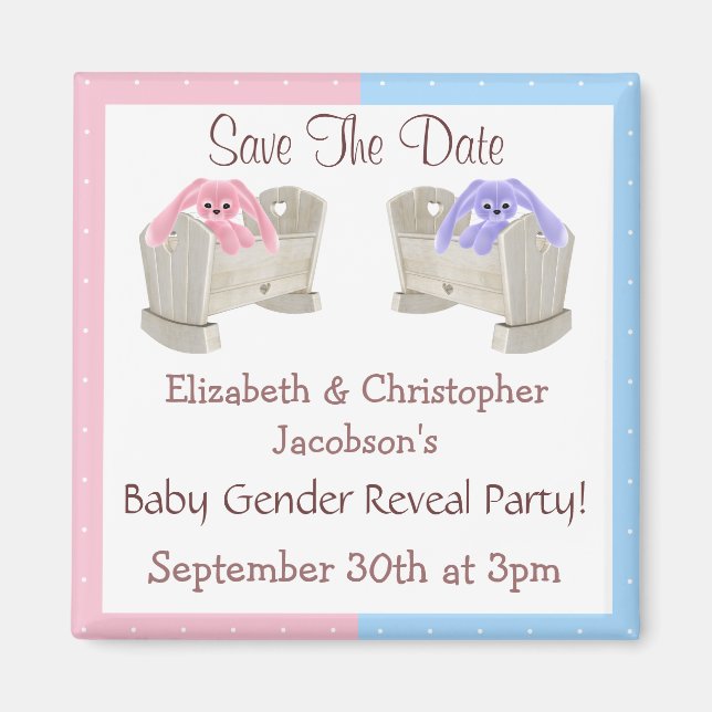 Gender Reveal Save The Date Bunnies in Cribs Magnet (Front)