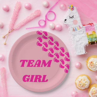 Gender Reveal Team Boy Girl Footprint Design Paper Plate