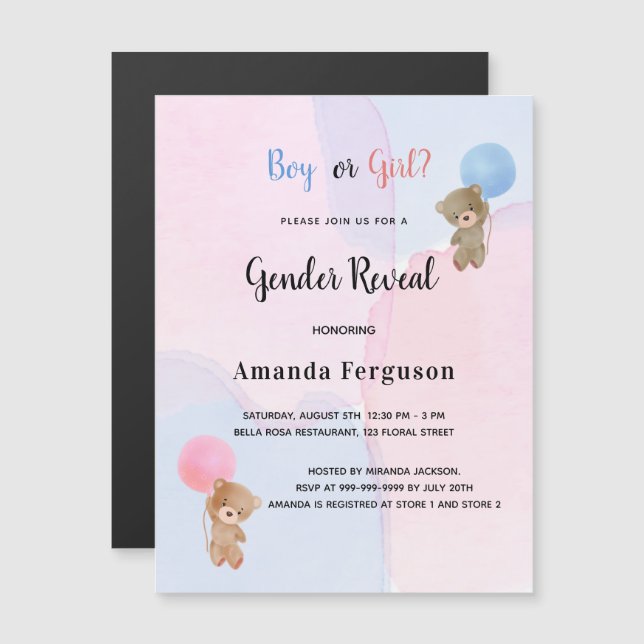 Gender reveal teddy pink blue magnet invitation (Front/Back)
