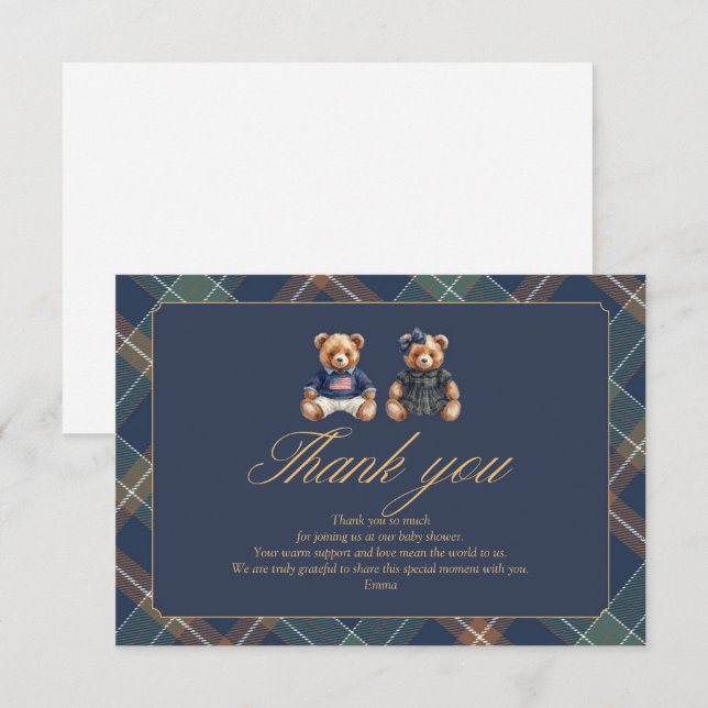 Gender Reveal Thank You Card Navy Plaid Teddy Bear (Front/Back)
