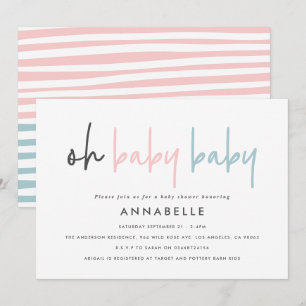Gender reveal unknown baby shower pink blue modern invitation