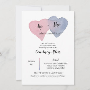 Gender Reveal Watercolor Heart Baby Shower Invite