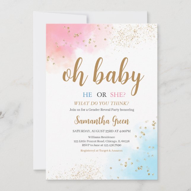 Gender Revel Pink Blue Oh Baby Baby Shower Invitation (Front)