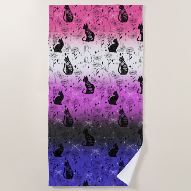 Genderfluid Pride Black Cat - Mystical Witchy Beach Towel (Front)